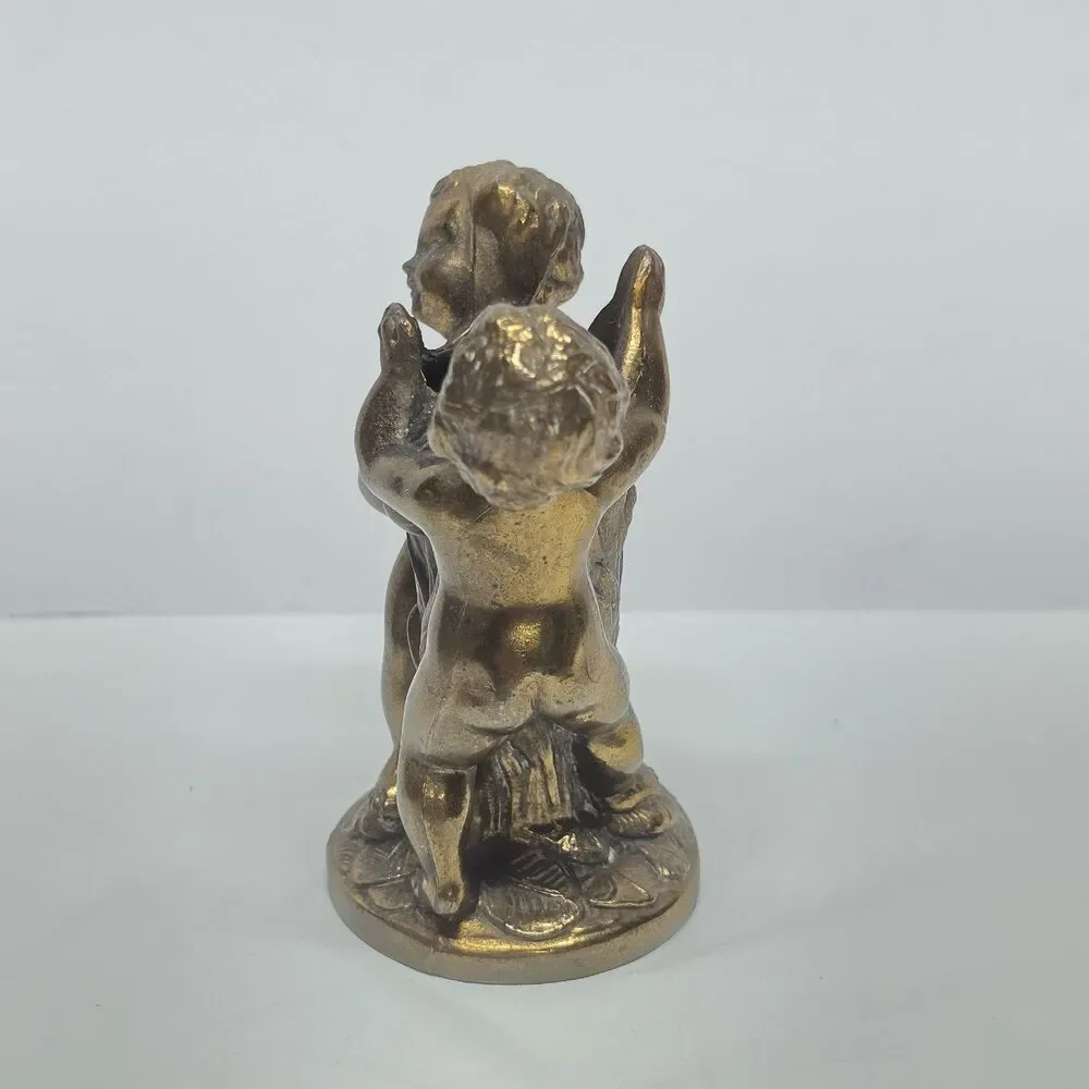 Vintage Metal Bronze Brass Cherub Cupid Gold Tone Candle Stick Holder Romantic